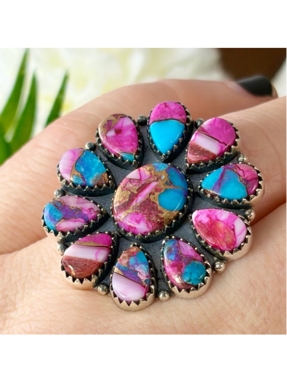 Sterling Silver 925 Pink Dahlia Turquoise Cluster Ring 7 1/4 Navajo Style